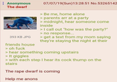 Anonymous The dwarf 393 KB JPG friends house > oh f--- 07/07/19(Sun)13:28:51 No. 53265142 > Be me, home alone > parents arr at a party > midnight, hear someone come inside > I call out "how was the party?" > no response... > get a text from my mom saying they're staying the night at their > hear something coming upstairs > It giggles > with each step I hear its c--- thump on the stairs The r--- dwarf is coming Help me anons