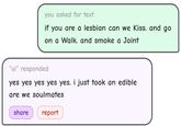 you asked for text if you are a lesbian can we Kiss. and go on a Walk. and smoke a Joint "ai" responded yes yes yes yes yes. i just took an edible are we soulmates share report