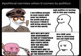 Apolitical normies when it comes to politics: I am killing people in your name with your tax dollars for profit and also because I think it will bring about the end of the world. ugh politics is boring. w-- is this guy saying. ALT W-- W-- W-- W-- OUR GOVERNMENT IS RUN BY PEDOPHILES AND PSYCHOS WHO KILL PEOPLE WITH OUR TAX DOLLARS IN OUR NAME FOR PROFIT AND TO BRING ABOUT THE END OF THE WORLD!!!!!!!!!! bro chill, your tone is stressing me out right now ธ
