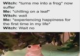 Witch: *turns me into a frog* now suffer Me: *chilling on a leaf* Witch: wait Me: *experiencing happiness for the first time in my life* Witch: Wait no