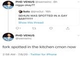 The original tweet that started the "Fork Spotted In The Kitchen" or "Fork Found In Kitchen" meme, which was posted as a reply to a tweet about K-pop artist Sehun in July 2020.