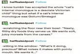 halfbakedpoet Follow I know tumblr has accepted the whole "cat's internal monologue is a desolate Victorian child" thing but what if a cat's internal monologue was Gollum/Smeagol halfbakedpoet Follow -scratching the floor near their bowl- "Nasty, filthy dry foods they serves us. We wants soft, juicy morsels from the canses." halfbakedpoet Follow -sitting in the window- "What's it doing, precious? What noises it makes with pointy mouth. We wants it...""