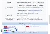Date Location 8 September 1941 - 27 January 1944 (2 years, 4 months and 19 days) Leningrad, Russian SFSR, Soviet Union (present-day Saint Petersburg, Russia) 59°55'49"N 30°19'09"E Result Soviet victory Territorial Axis forces are repelled 60- changes 100 km (37-62 mi) away from Leningrad Belligerents > Germany +Finland [1][2] Naval support. Italy [3] → Soviet Union Commanders and leaders