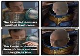 The Celestial Lions are purified Manticores. The Emperor cleansed them of chaos and now they serve Him. Template from Breaking Bad Armour art by LJ Koh
