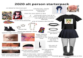2020 alt person starterpack on tiktok for the most part MY HERO ACADEM CODJES likes these anime colorful hair. maybe styled after a character chain for your pants or skirt 100 DAY a LOT of accessories anime girl shirts. but all of them on google are ai slop so i am taking some creative liberties a lot of chokers like this one 10 bunny hat kandi was popular i think septum rings super popular 0 OMFG CALM ME super colorful makeup. and bandaid on the nose these like anime girl skirts fishnet socks or something like that. maybe ripped. SHAKE this pair of demonias 50 blush on the nose. of course super thick eyeliner like this. and heavy lashes this elf eyeliner makes a comeback. this lip combo. reminds me of kim possible lines on the nose. I won't include a pic cause I think it was acc a stolen native american cultural practice PLEASE ignore the proportions on this outfit