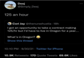 Deej @Simply_Deej 125 an hour O Cori Jay @thenursehustla 18h I got an opportunity to take a contract making 125/hr but I'd have to live in Oregon for a year.... What's in Oregon? Show this thread 10:10 PM - 9/30/21 Twitter for iPhone 10.9K Retweets 170 Quote Tweets 69.6K Likes