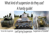 What kind of suspension do they use? A handy guide! Militariarg.com Torsion Bar Suspension Leaf Spring Suspension Suspension of Disbelief