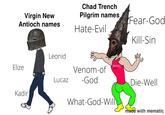 Chad Trench Pilgrim names Fear-God Virgin New Antioch names Hate-Evil Kill-Sin Leonid MR Elize OUCH! Venom-of Kadir Lucaz -God What-God-Will Die-Well made with mematic