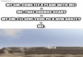MY GM:COME FLY A PLANE WITH ME! ME:THAT SOUNDS SCARY MY GM: I'LL GIVE YOUR PC A NEW ABILITY ME: