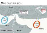 Now hear me out... The Gulf UAE IRAN SAUDI ARABIA OMAN Strait of Hormuz Arabian Sea 100km