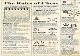 The Rules of Chess H The 64 Square Chess Board 骂切盒 a b C d 臭花骂 O hi Set up board with a White square on Right Hand Side and the Queen on her own colour. White moves first. Draws (5 ways) 1. Offer and accept 2. Stalemate where one side has to move and is unable, and the King is not in check 3. Threefold repetition. Where the position is about to repeat for the 3rd time. One of the players may claim a draw. 4. Fifty Move rule. Nothing has been captured for 50 moves each, and no pawn has moved. 5. Insufficient checkmating material. Where neither side has sufficient material to checkmate. e.g. both sides left with only a King. Castling-King and Rook move together. It's done for the King's safety. ...Before castling. King moves 2 squares towards Rook, ...After castling. Can castle with either Rook. K or R must not have moved. Cannot castle into, out of, or through check. Purpose of the game. To trap the King so that he has no escape. This is called Checkmate. History of Chess The oldest, closest known version of today's game existed in India around 500a.d. By c 1,500a.d., the main rules had become what we know today. Chess is c 500 years old! The Bishop Value = 3 points Moves diagonally, backwards or forwards, any number of empty squares. Always stays on the same colour squares. The Knight Value = 3 points N Moves in a Capital 'L' shape. Two squares forward/backward and one sideways OR one square forward/backwards and two sideways. Can jump over all other pieces, but may not capture them. & Pa Pb Pe The Pawn Value I point. Only moves in a forward direction. Pa: 1 move: go 1 or 2 squares Pb: After 1st move: go I square ן Pe: Capture: Diagonally 1 sq. only Pawn Promotion: Pawns reaching other end of board can become a Queen, Rook, Bishop or Knight. The Rook Value = 5 points Can move along a rank or file, any number of empty squares. The Queen Value = 9 points Can move along a rank, file or diagonal, any number of empty squares. The King Value 39, say 1000 Moves in any direction, but only one square. The most valuable piece on the board. En Passant If a pawn jumps out 2 squares past an enemy pawn, it can be taken as if it had only moved one square. Can happen once, and immediately. Checkmate 嵐 Check: When a King is attacked. Checkmate: When the checked King cannot escape.