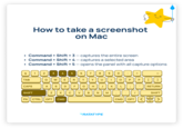 How to take a screenshot on Mac • • • Command + Shift + 3 captures the entire screen Command + Shift + 4 - captures a selected area Command + Shift + 5 - opens the panel with all capture options § 1 2 3 4 5 6 7 8 9 0 - = TAB Q W E R T Y U I CAPS A S D F G H J K 0 P P RETURN SHIFT Z 0 V B N M ' FN CTRL OPT CMD FRATATYPE SHIFT CMD OPT 020