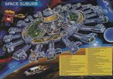 SPACE SUBURB TARG 16 14 2 33 28 15 29 3 13 10 12 17 19 26 20 22 27 23 21 24 25 30 18 SPACE SUBURB 1 Anti-meteor forcefield deflector 2. Zero gravity swimming pool 31 3. Slamball and adjustable gravity sports court 4. Artificial gravity generator 5. Fusion reactor power plant. 6. One of several factory units where products can be manufactured in vonable gravity conditions. 7. Life support systems including water and waste recycling units and on atmosphere recycling system utilising the photosynthetic process created by the genetically grown plants in Central Park 8. Photosynthetic oxygen/carbon dioxide regulator 9. Central Park, seeded with oxygen producing plants. 10, Oxygen tanks. 11. Suburb control centre, monitoring communications, life support sys tems and local space traffic. 12. Space troffic control 13 Supercomputer and communications back-up system 14 Sub-space communications array 15. Solar panels supplementing main power plant 16. Small one bedroom maisonettes 17. Two-floor shopping mail 18. Cafe and bar 19. Polarised anti-glare access tube. 20. Cahellum strengthened anti-glare apartment screen. 21 Airtight private garden. 22 Docking airlock for residents spacecraft 23 Beam guidence sensor for sofe auto-docking of spacecraft 24 Typical residential block can, if necessary be subdivided into smaller apartments depending on size of family or owner's income. 25 Emergeney escape capsule. 26 Water atmosphere and power supply conduits 27. Solar energy panel 28. Community centre and warden's office. 29. Inner ring small apartments. 30. Technical support services area, including supply ship docking bay storage and maintenance areas 31. One of four double-sized residential blocks 32. One of six access passages connecting the apartment rings to the central hub 33. Lifts connecting pool and sports court to central hub services