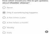How often would you like to get updates about Cheddar cheese? ○ Never Only if something big happens ○ A few times a year ○ A few times a month ○ Weekly Daily