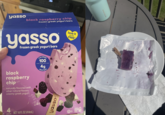 yasso black raspberry chip frozen greek yogurt bars yasso frozen greek yogurt bars black raspberry chip naturally flavored with.. other natural flavors... creamy greek yogurt CALORIES 100 PER BAR 4g PROTEIN 4 pack NET 14 FL OZ (414mL) yasso CERTIFIED GLUTEN FREE love it or it's FREE HYDRAPEAK