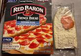 ARE RED BARON FRENCH BREAD Singles PEPPERONI PIZZAS FRENCH BREAD TOPPED WITH PIZZA SAUCE, MOZZARELLA CHEESE AND PEPPERONI MADE WITH PORK, CHICKEN & BEEF 2 PACK 100% REAL CHEESE EXCELLENT SOURCE OF PROTEIN GOOD SOURCE OF CALCIUM ENLARGED TO SHOW DETAIL SEE INGREDIENTS US REAL SERVING SUGGESTION KEEP FROZEN, COOK AS DIRECTED NET WT. 10.8 OZ. (306 g)