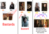 aa AA No known light haired ancestors Literally impossible (All Bastards) Edmure's children a Aa aa ala Justard aa impossible Aa aa aa Targ Grandma Аб A a a a a aa Bastards Bastard Very possible with 50% chance for each kid which is quite high (Not bastards)