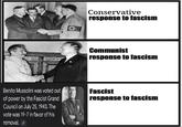 Benito Mussolini was voted out of power by the Fascist Grand Council on July 25, 1943. The vote was 19-7 in favor of his removal. Conservative response to fascism Communist response to fascism Fascist response to fascism