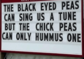 THE BLACK EYED PEAS CAN SING US A TUNE BUT THE CHICK PEAS CAN ONLY HUMMUS ONE
