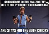 CHUCK NORRIS DOESN'T REALLY DIE. HE GOES TO HELL BY CHOICE TO KICK SATAN'S ASS AND STAYS FOR THE GOTH CHICKS