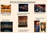 NSW Arts Unit Performance Starterpack This place for rehearsals Sometimes an ear-numbing recorder performance in the middle Everyone has matching shirts So many kids that your parents can't see you This band can probably play as well as professional adults These guys are probably conducting