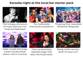 Karaoke night at the local bar starter pack That one guy who pours his heart and soul into Creep by Radiohead The moderately charismatic karaoke DJ The group that requested Bohemian Rhapsody Older couple that sings a duet (usually either classic rock or country) That one extremely talented singer that tears the house down Being a little nervous when it's your turn