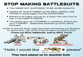 STOP MAKING BATTLESUITS • T'AU WERE NOT SUPPOSED TO BE GIVEN KNIGHTS • YEARS OF SCALE CREEP yet NO REAL-WORLD USE FOUND for going bigger than the GHOSTKEEL • Wanted to go bigger anyway for a laugh? We had a tool for that: it was called "A MANTA" • "Yes please give me a R'VARNA or something. Please give me a Y'VAHRA" - Statements dreamed up by the utterly Deranged LOOK at what the Earth caste have been demanding your Respect for all this time, with all the fio'tak & iridium we gave to them (These are REAL Battlesuits, built by REAL Fio'O): ????? ??????? ???????? 15+ Ⓡ please" "Hello I would like ONLINE ONLY KX139 Ta'unar Nexus Missile System $124.00 They have played us for absolute fools