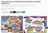 Several toys recalled because they contain asbestos MCCAA publishes instructions on how to safely return product to seller National Health Consumers Children March 13, 2026 | Times of Malta | 2 4 min read European Union Add as a preferred source on Google nickelodeon f X in BARVLARE PAW PATROL Simply peel off each section and cover with sand! 8 3+ CREATE COLOURFUL PUPTASTIC PORTRAITS OUT TO IMPRESS 3 DECORATIVE BOTTLES to fill Includes 8 colours of sand! 5-10 VIBRANT COLOURS- of sand CREATIVITY Everything unique decorations in your bed gift Todo lo que decoraciones capas de exponerlos como rega