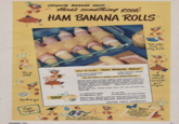 CHIQUITA BANANA SAYS... Here's something good HAM BANANA ROLLS Pack extra Punch in every lunch Fun to make How to make "HAM BANANA ROLLS" 6 thin slices boiled ham prepared mustard 6 firm bananas, peeled cheese sauce Use all-yellow or slightly green-tipped bananas Spread each slice of ham lightly with mustard. Wrap a slice of the prepared ham around each banana. Place in a buttered shallow baking pan and pour cheese sauce over bananas. Bake in a moderate oven (350°F) 30 minutes, or until bananas are tender... easily pierced with a fork. Six servings Serve hot with cheese sauce from the pan poured over each roll. Full of vitamins- minerals- fruit Sugars 1½ cups grated American cheese Melt butter, add flour and stir until smooth. Stir in milk slowly. Add cheese and cook, stirring constantly until sauce is smooth and thickened. Makes about 1 cup sauce. UNITED FRUIT COMPANY Quick to fit CHEESE SAUCE 1½ tablespoons butter 1½ tablespoons Rour ½ cup milk Easy Digest For 4 o'clock fatigue- bananas flecked with brown Luncheon Menu m Banana Rolls with Che Sauce Mixed Vegetable Salad Hot Gingerbread with Whipped Cream Beverage DECEMBER, 1947 17