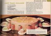 cold ham mousse COLD HAM MOUSSE 2 c. canned chicken broth 3 env. unflavored gelatin 2 tbsp. lemon juice 1/2 c. Sauterne 1/4 tsp. salt 4 c. ground cooked ham 3 green onions, minced 1 tbsp. dry English mustard 1/2 tsp. white pepper 1 c. whipping cream, whipped Remove all fat from chicken broth. Soften 1 en- velope gelatin in 1/4 cup cold water; stir into 1 cup. hot chicken broth until dissolved. Add lemon juice, 1/4 cup Sauterne and salt; mix well. Place this aspic in refrigerator until partially congealed. Coat side: and bottom of chilled 1/2-quart mold with a thin layer of aspic; refrigerate until aspic is firm. See 13/salads & relishes Engraving in Aspic, pages 4-5. Coat again and refrigerate mold until ready to fill. Put ham and onions through finest blade of food chopper 5 times. Soften remaining envelopes of gelatin in remaining chicken broth in small saucepan. Place over low heat and stir constantly until gelatin is dissolved. Combine ham mixture, mustard, pepper and hot chicken broth; mix well. Process in blender to purée. Cool ham mixture, stirring occasionally, then fold in whipped cream. Pour into prepared mold; chill until firm: Unmold mousse in center of chilled serving plate. Garnish with ham bits, ham rolls filled with Cream Cheese Mixture topped with parsley, and halved hard-boiled eggs topped with piped Cream Cheese Mixture. Aspic may be en- graved as explained on pages 4 and 5, if desired. CREAM CHEESE MIXTURE 1 3-oz. package cream cheese 1 tbsp. Basic Blender Mayonnaise (Sauces, pg. 3) Place cream cheese in a small mixing bowl; bring to room temperature. Add mayonnaise and stir un til well blended. More mayonnaise may be added for a softer spreading consistency, if desired. cold ham mousse The perfect dish for a special occasion luncheon, Cold Ham Mousse was chilled thoroughly before being turned out of its mold. It is garnished with rolled ham slices and hard-boiled eggs piped with Cream Cheese Mixture in 2 colors.
