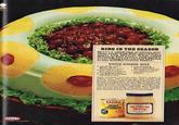 KRAFT RING IN THE SEASON Here's a salad ring of winter sun- shine made with Dole Sliced Pine- apple and Miracle Whip salad dressing. This festive ring mold is a refreshing and colorful addition to any holiday-season dinner. WINTER SUNSHINE MOLD 1 can (1-4) DOLE Seed Pineapple in Julee 2 pkg (3-0) We flavored gelatin I cup boiling s 1 cup MIRACLE WHIP Salad Dressing I cup whipping cream, whipped Maraschino cherries 1 can (16-os) whole cranberry souce Lettuce Drain pineapple, reserving julee, dieselve gelatin in bailing water. Add reserved julee and encugh eld water le measure 1 eap. Gradually add gelatin to salad dressing, mixing until beaded. Chill until partially set Arrange pineapple dices around edge of lightly alled 3-rup ring mell. Chep extra slices. Fold pineapple and whipped cream lens gelatin mixture. Arrange mare shine cherries in center of pineapple slices. Pour gel- otis mixture into mald. Chill until firm. Unmoldi surround with lettere. Spoon cranberry sauce into low dish and place in center of meld. 8 to 10 servings Dole sliced, pineapple Miracle Whip