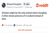 Showerthoughts + Join reddit Posted by TrueLuck2677 11 days ago. Chicken might be the only animal where Googling it often shows pictures of it cooked instead of alive. 4.1K upvotes Comment Copy link View 160 comments