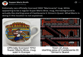 Supper Mario Broth @MarioBrothBlog Extremely rare officially licensed 1992 "Mariovania" mug. While appearing to be a regular Super Mario Bros. mug, the background is actually the starting area of Castlevania II: Simon's Quest. What Mario is doing in this location is not explained. SUPER MARIOBRO Nintendo Officially licensed 1992 Super Mario Bros. mug sold in Europe Source: ebay.com user "k_en_d_used_items", ebay.com/itm/168201531527 Town of Jova, starting area of Castlevania II: Simon's Quest