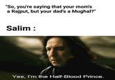"So, you're saying that your mom's a Rajput, but your dad's a Mughal?" Salim : Yes, I'm the Half-Blood Prince.