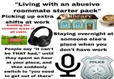 "Living with an abusive roommate starter pack" Picking up extra shifts at work Avoiding the common areas at all costs Library Weless Staying overnight at someone else's place when you People say "it can't be THAT bad," until they spent an hour at your place, and then suddenly switch to "you need to get out of there" don't have work POLICE دددد