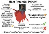 Meet Potential Prince! "Kiera loved him so much → they were just like Jace and Baela!" "Valarr is such a cool and original and totally not stupid name!" "He would've been a great king if Bloodraven didn't kill him Give me ice Give me fire they call him 007 0 actual opponents beaten 0 plot relevance 7 days until he dies from a cough "the young prince →" wow how original Give me an old man to beat Or I retire get brutally mogged by him actually face Aerion ✓ Always "could've" and "would've" but never "did"