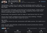 Vik Gambhir in. 2nd Want a killer resume? DM me | I help people | 7h⚫ + Follow Yesterday, I went to a 4-year-old's birthday party with my daughter. During cake cutting, the birthday boy refused to cut the cake. For a good 5 minutes, everyone just stood there, while other parents were in full defense mode, stopping their kids from slowly poking fingers into the cake. Eventually, his parents had to step in and force him to cut it. Once the chaos settled and everyone was eating, I finally asked him why he didn't want to cut it. He said: "Because once it's cut, everyone will take some. It's safer as a circle." This 4 year old already understands asset protection better than most adults. P 286 44 comments • 6 reposts ៨ Like Comment Repost Send