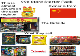 This is almost always on the cash register 99¢ Store Starter Pack Owner is from SCHOOL PARTY SUPPLIES HARDWARE HOUSEHOLD ELECTRONICS GIFTS 99¢ 2719 Ave. U UP ,學習用品 ● PARTY 用品 ,生活用品 ,水電五金 The Outside -Pokemon- TRADING CARD GAME What they sell Harry Potter Lays Classic BREAKPOINT M Glas POTATO CHIPS NET WT. 1% 02 253 SUPER MARIO RUN 240 SUPEN MARIO Pled Trisonic® THE BEST QUALITY, PRICE AND SERVICE alamy