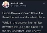 Realistic ally @TragicAllyHere Before I take a shower: I hate it in there, the wet world is a bad place While in the shower: I remember now that this is a good place, it is the dry world that is the enemy L