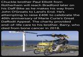 Chuckle brother Paul Elliott from Rotherham will reach Bradford later on his Daff Bike as he makes his way from John O'Groats to Land's End. He's attempting to raise £40K to celebrate the 40th anniversary of Marie Curie's Great Daffodil Appeal. The charity provided end-of-life care to his brother, Barry, who died from bone cancer in 2018. LANDS END NEW YORK 320 814 ORKNEY 8m SHETLAND 152m CHUCKLEI AV