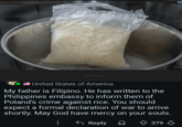 United States of America My father is Filipino. He has written to the Philippines embassy to inform them of Poland's crime against rice. You should expect a formal declaration of war to arrive shortly. May God have mercy on your souls. Reply 379 379
