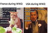 France during WW2: My German warden said that half as much food is good, I will be thinner USA during WW2: Damn guys, my economy has doubled in 5 years LOL and more attractive. HAHAH