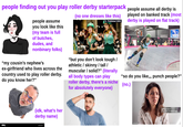 alamy people finding out you play roller derby starterpack people assume all derby is people assume you look like this (my team is full of butches, dudes, and nonbinary folks) "my cousin's nephew's ex-girlfriend who lives across the country used to play roller derby. do you know her?" (no one dresses like this) Published 2009 "but you don't look tough / athletic / skinny / tall / muscular/solid?" (literally all body types can play roller derby, there's a niche for absolutely everyone) played on banked track (most derby is played on flat track) PHOTOGRAPHY.COM "so do you like,,, punch people?" (no.) (idk, what's her derby name) +123RF* 1340364908 gettyimages Credit: Alexandre Morin-Laprise