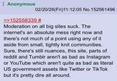 Anonymous 02/20/26(Fri)11:12:05 No.152561496 >>152558339 # Moderation on all big sites suck. The internet's an absolute mess right now and there's not much of a point using any of it aside from small, tightly knit communities. Sure, there's still nuances, this site, parts of reddit and Tumblr aren't as bad as Instagram or YouTube which aren't quite as bad as literal US government assets like Twitter or TikTok but it's pretty dire all around.