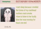 : Anonymous 25 KB JPG 03/27/26(Fri)08:11:05 No.84230270 >cant sleep because i smelled the fumes of my crackhead mothers crack smoke >have to listen to her loudly blow her nose nonstop for hours one end