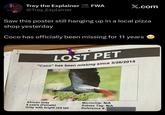 Trey the Explainer @Trey_Explainer FWA SOON X.com Saw this poster still hanging up in a local pizza shop yesterday Coco has officially been missing for 11 years LOST PET "Coco" has been missing since 3/26/2015 IM TREE it's cold out here & Im to going if no one me helps African Grey 8 years (Female) Gray with bright red tail Microchip: N/A Rabies Tag: N/A Reference #: