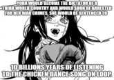 YORU WOULD BECOME THE DICTATOR OF A THIRD WORLD COUNTRY AND WOULD SOON BE ARRESTED FOR HER WAR CRIMES. SHE WOULD BE SENTENCED TO 10 BILLIONS YEARS OF LISTENING TO THE CHICKEN DANCE SONG ON LOOP.