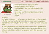 : Anonymous 07/11/21(Sun)23:27:03 No.858827917 > reside in town of Agua Fria >considered an outlaw >somebody sends arizona ranger after me >people say the ranger is going to shoot me 57 KB JPG >mfw >day of >it was 20 past 11 when we walked out in the street >folks were watching from the windows everybody held theur breath, bc they knew i wld cap this rangers ass >i hadnt cleared leather before i was shot and killed >i might have went on livin but i made one fatal slip when i tried to match the ranger with the big iron on his hip