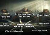 Solo One on one imgflip.com In-person Online group GMless VALID WAYS TO PLAY TTRPGS West March Play-by-post