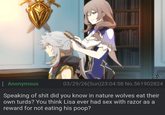 soteas : Anonymous 03/29/26(Sun)23:04:58 No.561902824 Speaking of s--- did you know in nature wolves eat their own turds? You think Lisa ever had sex with razor as a reward for not eating his poop?